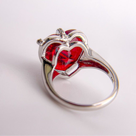 Sterling Silver Lab Created Ruby Heart Shaped Ring with Crisscrossed CZ. Size 5. - Picture 4 of 10